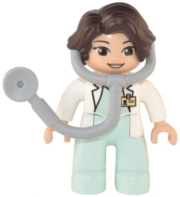 LEGO Duplo Figure Lego Ville Female Medic Light Aqua Legs White Top with ID Badge Dark Brown Ha (47394pb329) Duplo Minifigure