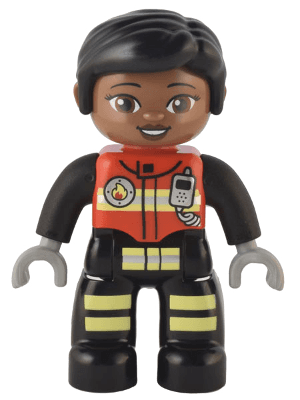 LEGO Duplo Figure Lego Ville Female Firefighter Red Vest with Silver Fire Badge and Radio Black (47394pb330) Duplo Minifigure