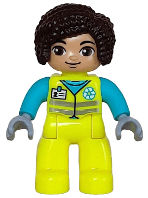 LEGO Duplo Figure Lego Ville Female Garbage Worker Neon Yellow Uniform Medium Azure Shirt with (47394pb348) Duplo Minifigure