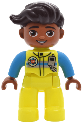 LEGO Duplo Figure Lego Ville Male Neon Yellow Legs Uniform Vest with Silver and Dark Azure Stri (47394pb369) Duplo Minifigure