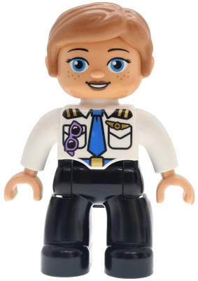 LEGO Duplo Figure Lego Ville Female White Pilot Uniform Blue Tie Medium Lavender Glasses Gold W (47394pb374) Duplo Minifigure