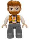 Duplo Figure Lego Ville, Male, Dark Bluish Gray Legs, Orange Vest over White Shirt with Bricks Pattern, Dark Orange Hair and Beard (6590834)