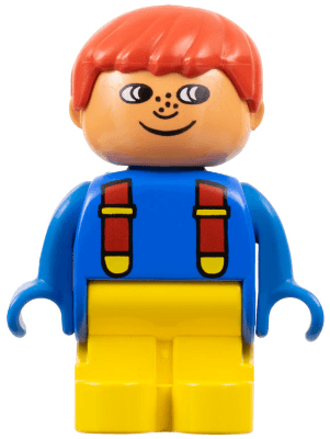 LEGO Duplo Figure Child Type 1 Boy Blue Top with Red Suspenders Red Hair Freckles White in Eyes (4943pb003) Duplo Minifigure