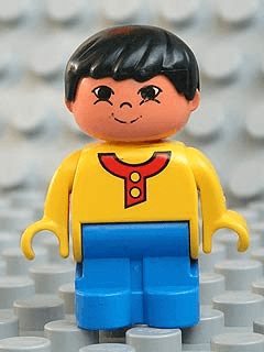 Duplo Figure, Child Type 1 Boy, Blue Legs, Yellow Top with Buttons and Red Collar, Black Hair, Grin