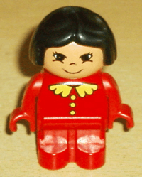 Duplo Figure, Child Type 1 Girl, Red Legs, Red Top with Yellow Buttons and Collar, Black Hair, Eyelashes, Grin