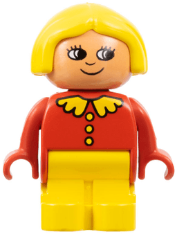Duplo Figure, Child Type 1 Girl, Yellow Legs, Red Top with Collar and 3 Buttons, Yellow Hair, White in Eyes