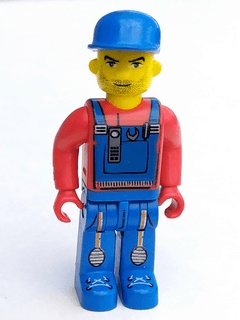 LEGO Tractor Driver With Blue Overalls Red Shirt Plain Blue Cap Beard Stubble (4j006) LEGO Minifigure