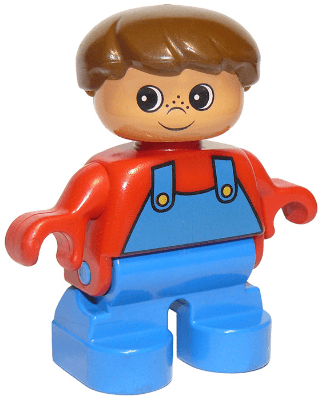 LEGO Duplo Figure Child Type 2 Boy Red Top with Blue Overalls Brown Hair (6453pb005) Duplo Minifigure