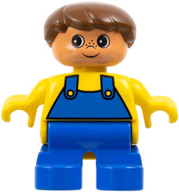 Duplo Figure - Male, Child Boy, Blue Legs, Yellow Top with Overalls Pattern, Brown Hair, Nougat Head (75487)