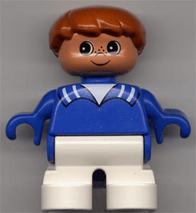 LEGO Duplo Figure Child Type 2 Boy Blue Top with White Stripes on Collar Brown Hair (6453pb007) Duplo Minifigure