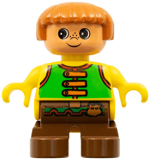 LEGO Duplo Figure Child Type 2 Boy Bright Green Vest with Brown Straps and Belt with Sash (6453pb009) Duplo Minifigure