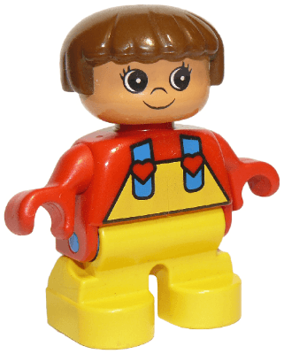 LEGO Duplo Figure Child Type 2 Girl Red Top with Yellow Overalls and Hearts on Straps (6453pb011) Duplo Minifigure