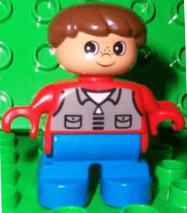 LEGO Duplo Figure Child Type 2 Boy Red Top with Dark Gray Shirt Brown Hair (6453pb012) Duplo Minifigure