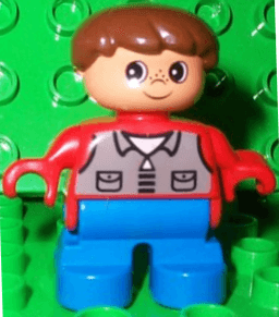 Duplo Figure, Child Type 2 Boy, Blue Legs, Red Top with Dark Gray Shirt, Brown Hair