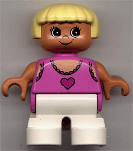 LEGO Duplo Figure Child Type 2 Girl Dark Pink Lace Tank Top with Heart Yellow Hair (6453pb017) Duplo Minifigure
