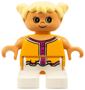 LEGO Duplo Figure Child Type 2 Girl Orange and Dark Pink Top Light Yellow Hair Pigtails (6453pb019) Duplo Minifigure