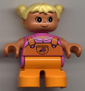 LEGO Duplo Figure Child Type 2 Girl Dark Pink Top with Orange Overalls with Flower Yellow Hair P (6453pb020) Duplo Minifigure