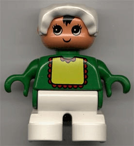LEGO Duplo Figure Child Type 2 Baby Green Top with Yellow Bib with Red Lace White Bonnet (6453pb024) Duplo Minifigure