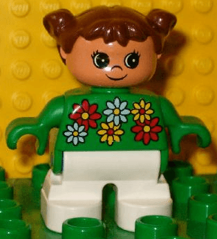 LEGO Duplo Figure Child Type 2 Girl White Red and Yellow Flowers Brown Hair (6453pb026) Duplo Minifigure