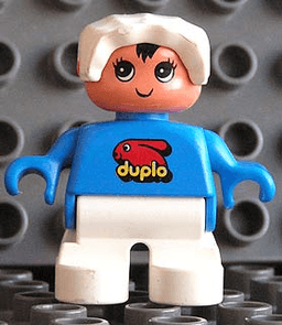 Duplo Figure, Child Type 2 Baby, White Legs, Blue Top with Duplo Bunny Logo, White Bonnet