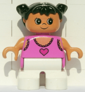 LEGO Duplo Figure Child Type 2 Girl Dark Pink Lace Tank Top with Heart Black Hair Pigtails (6453pb028) Duplo Minifigure