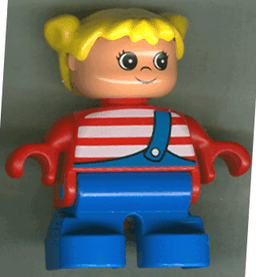 Duplo Figure, Child Type 2 Girl, Blue Legs, Red Top with White Stripes, Yellow Hair Pigtails