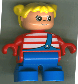 Duplo Figure, Child Type 2 Girl, Blue Legs, Red Top with White Stripes, Yellow Hair Pigtails