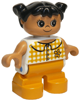 LEGO Duplo Figure Child Type 2 Girl Checkered Blouse Black Hair Pigtails (6453pb035) Duplo Minifigure