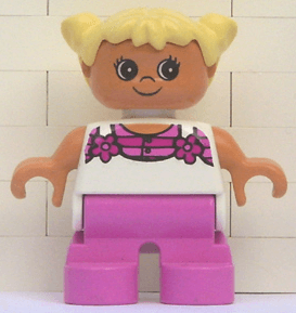 LEGO Duplo Figure Child Type 2 Girl Dark Pink Legs White Top with Pink Stripes and Flowers Light (6453pb037) Duplo Minifigure