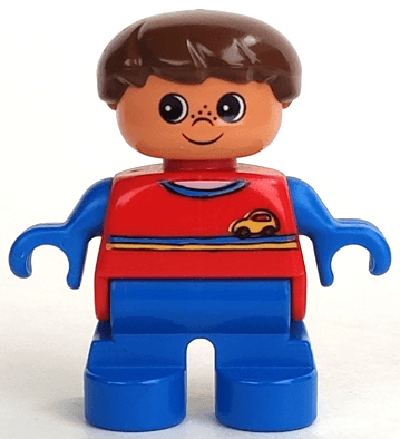 LEGO Duplo Figure Child Type 2 Boy Red Top with Yellow and Blue Stripes and Yellow Car Logo Brow (6453pb040) Duplo Minifigure
