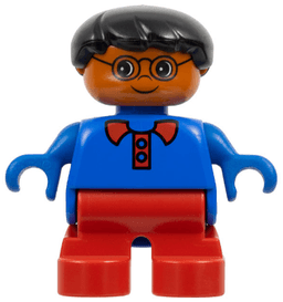Duplo Figure - Male, Child Boy, Red Legs, Blue Top with Collar and Buttons Pattern, Black Hair, Dark Orange Head (75513)
