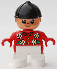 Duplo Figure, Child Type 2 Girl, White Legs, Red Top with White Flowers, Black Riding Hat