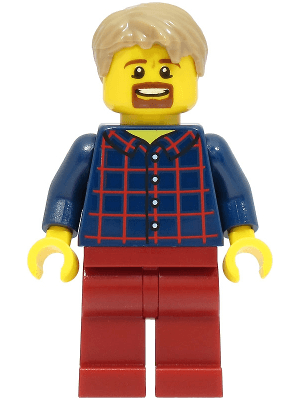 LEGO LEGOLAND Park Male Dark Blue Plaid Button Shirt with Wide Neck and Back Print Dark Tan Short T (LLP003a) LEGO Minifigure