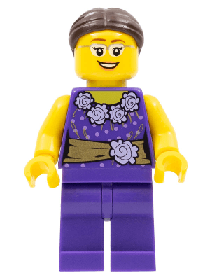 LEGO LEGOLAND Park Female Dark Purple Blouse with Gold Sash and Flowers Dark Brown Hair (LLP005) LEGO Minifigure