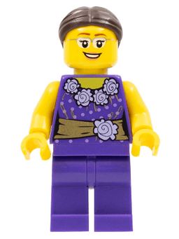 LEGO LEGOLAND Park Female Dark Purple Blouse with Gold Sash and Flowers Dark Brown Hair (LLP005) minifigure
