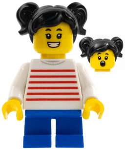 Child - Girl, White Sweater with Red Horizontal Stripes, Blue Short Legs, Black Hair with Pigtails
