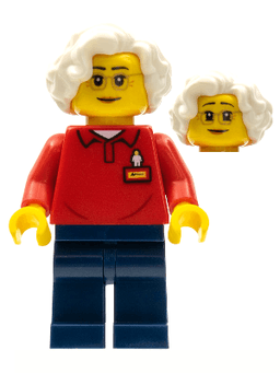 LEGO LEGOLAND Park Worker Older Female Glasses White Hair Red Polo Shirt with 'LEGOLAND' on Back and Dark Blue Legs (LLP026) minifigure