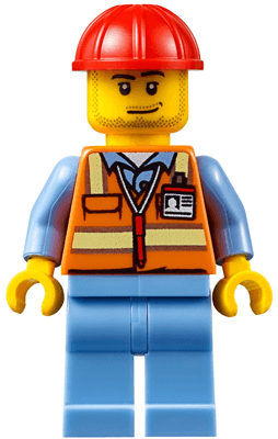 Orange Safety Vest with Reflective Stripes, Medium Blue Legs, Red Construction Helmet, Smirk and Stubble Beard