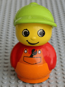 LEGO Primo Figure Boy with Orange Base Red Top with Orange Overalls with Wrench Medium Lime Hat (baby016) minifigure