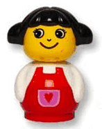 LEGO Primo Figure Girl with Red Base White Top with Red Overalls with Red Heart in Purple Pocket Black Hair (baby022) minifigure