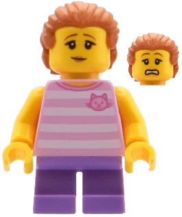 Child - Girl, Bright Pink Striped Shirt with Cat Head, Medium Lavender Short Legs, Dark Orange Swept Back Hair with Ponytail