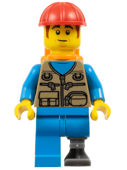 Train Worker - Male, Dark Tan Vest, Dark Azure Legs, Prosthetic Left Leg, Orange Air Tanks, Construction Helmet