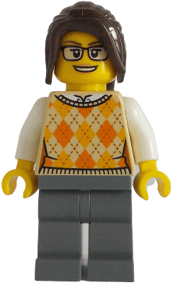 Ticket Vendor - Female, Tan Knit Argyle Sweater Vest, Dark Bluish Gray Legs, Dark Brown Hair Ponytail Long with Side Bangs, Glasses