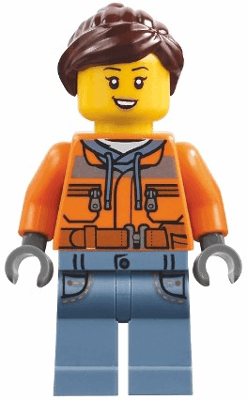 Harbormaster's Office Attendant - Orange Safety Jacket, Sand Blue Legs with Pockets, Dark Brown Ponytail