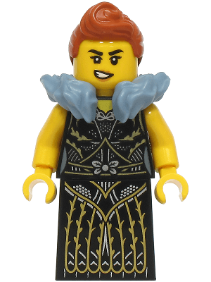 Queen - Black Dress with Gold and Silver Lines, Dark Orange Hair, Sand Blue Fur Collar