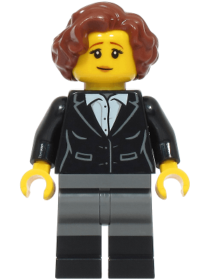 Vampire Castle Visitor - Female, Black Suit Jacket with White Button Up Shirt, Dark Bluish Gray Legs with Black Boots, Reddish Brown Hair