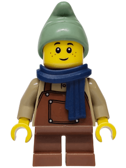 Mushroom Village - Gnome, Reddish Brown Overalls and Short Legs, Dark Blue Scarf, Sand Green Hat