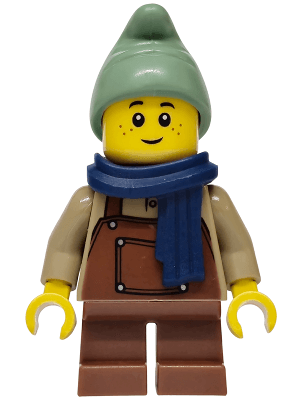 Mushroom Village - Gnome, Reddish Brown Overalls and Short Legs, Dark Blue Scarf, Sand Green Hat