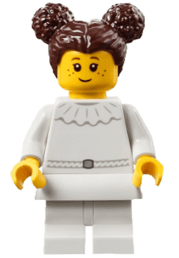 Art Factory Ballerina Student - Girl, White Dress with Ruffled Collar, White Medium Legs, Dark Brown Hair with Two Buns on Top, White Skirt