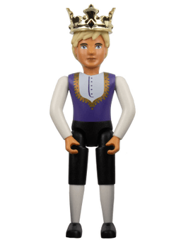 Belville Male, Adult Man (King) - Black Shorts, Dark Purple Top with Gold Trim and White Shirt Pattern, Light Yellow Hair, Black Shoes, Crown